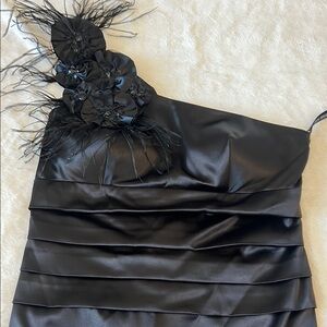 Bisou Bisou Black One-Shoulder Dress with Feather Detail